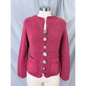 Pure Handknit Women's Red Cardigan Metallic‎ Thread Cardigan Artisan Buttons